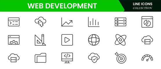 sleek vector web line icons depicting web development, coding, design, browsers, and tools for creat