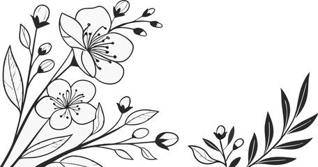 Luxury botanical background with trendy wildflowers and minimalist flowers for wall decoration or wedding. a minimalistic and elegant black and white vector illustration of hand-drawn floral elements 