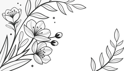 Luxury botanical background with trendy wildflowers and minimalist flowers for wall decoration or wedding. a minimalistic and elegant black and white vector illustration of hand-drawn floral elements 