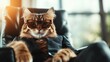 © svastix - A fashionable cat sits comfortably in a chair wearing sunglasses and a suit, embodying a sense of style, confidence, and attitude that captivates viewers.