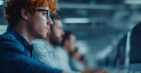 a focused young man with curly red hair and glasses works intently on a computer in a modern office 