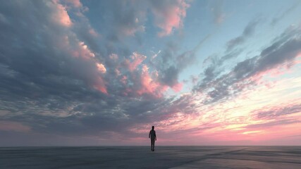 Wall Mural - Dramatic sunset silhouette: person walking across vast clouds and open horizon