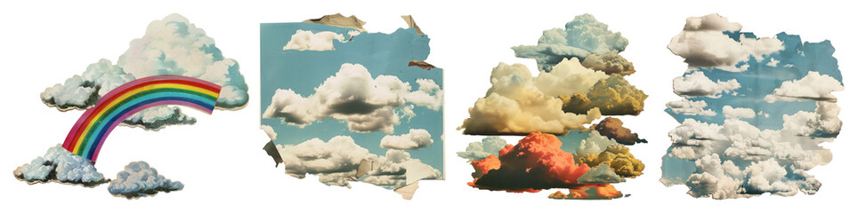 PNG Vintage clouds rainbow collage, element set on transparent background
