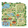 © Indhgraphy Visual - Park map with rides Ferris wheel roller coasters lake trees buildings and walking paths