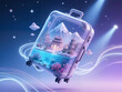 © LI - A clear suitcase floats magically, revealing a miniature world inside with Asian temples, snowy peaks, and vibrant coral. This evokes dreams of fantasy travel.