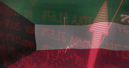 Wall Mural - Displaying interface overlaying tricolor flag grid with red tickers, line chart and upward arrow