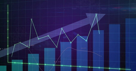 Wall Mural - Displaying translucent arrow spanning dashboard grid, linking blue bars with turquoise-green charts
