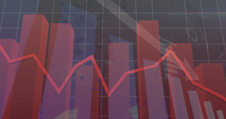 Wall Mural - Featuring three-dimensional red bars on dark grey grid with flag, red line graph, numerical labels