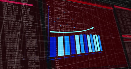 Wall Mural - Blue bar chart rising in software dashboard, with upward-arrow and code panels suggesting growth