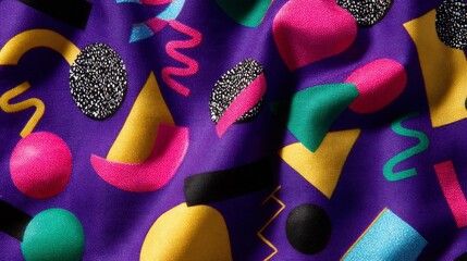 Vibrant retro geometric pattern on purple fabric creating a bold and playful design