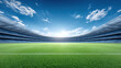 © jes2uphoto - Empty soccer stadium with green grass field under bright blue sky and scattered clouds, wide shot with vibrant sunlight