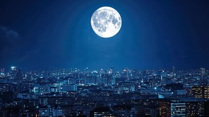 Wall Mural - City at Night with Full Moon
