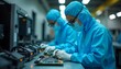 © Felipe - Technicians wearing full protective suits discussing quality control inside a sterile high-tech manufacturing plant.
