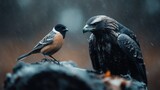In a wet, misty environment, an eagle and a sparrow stand closely together on a rock, symbolizing contrasts in size, strength, and unity in nature's complex ecosystem.