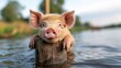© svastix - A delightful pink pig rests its head on a wooden post above water, capturing a serene and whimsical moment in nature, surrounded by beautiful greenery and stillness.