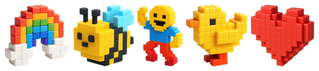 Wall Mural - PNG Colorful pixelated 3D toy figures, element set on transparent background