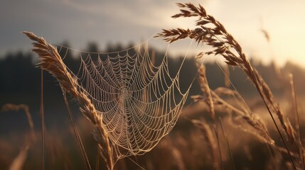 Dew-covered spider silk net on softly blurred morning meadow