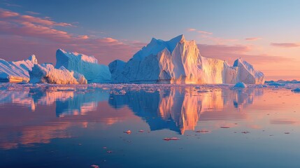 Iceberg reflecting in glassy polar sea under pastel sky