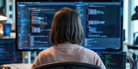 Wall Mural - a female software developer is working on multiple screens filled with colorful code lines, focused 