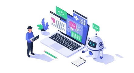 Isometric illustration of a laptop with coding interfaces and a robot assistant