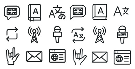 Language and communication icons set – outline, linear, translation and speech symbols