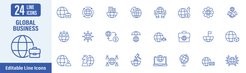 Global Business web icons in line style. Contains icons as international trade, international globalization, worldwide commerce, supply chain, logistic and more. Vector illustration.