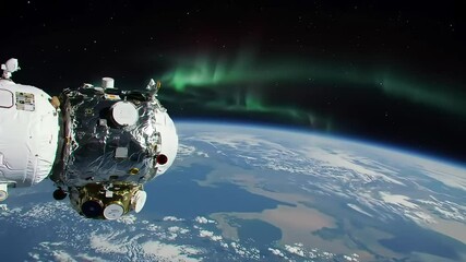 Wall Mural - A spacecraft orbits Earth, showcasing the planet's surface and the aurora borealis in the background. The scene captures the beauty of space exploration.