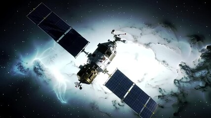 Wall Mural - A satellite orbits in the vastness of space, surrounded by colorful nebulae and stars. The scene captures the beauty of the cosmos and technology.
