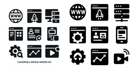 Tech and web development icons set – silhouette, filled, internet and networking tools