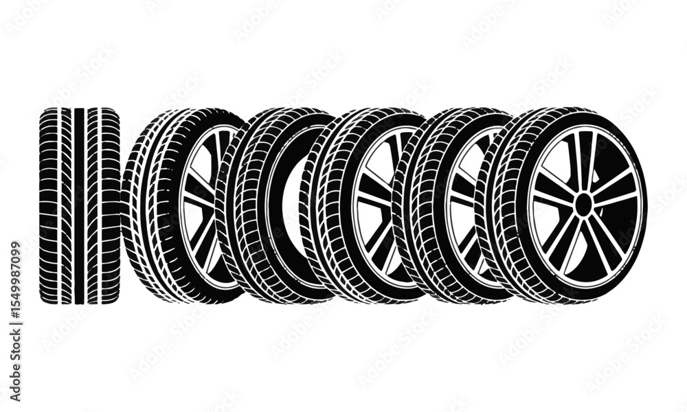 Modern vector illustration of six car tires with alloy rims displayed ...