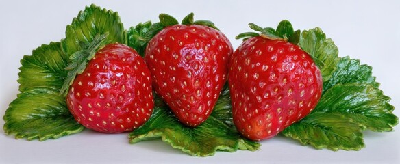 Wall Mural - The vibrant strawberries nestled on fresh green leaves for a delightful display.
