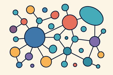 colorful abstract network of connected nodes and circles. vector graphic representing data visualiza
