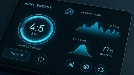 A sleek digital energy monitor displaying real-time home energy usage, battery status, solar input, and efficiency metrics for smart energy management and sustainability.