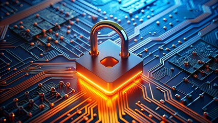 Cybersecurity concept featuring digital lock on circuit board representing data protection