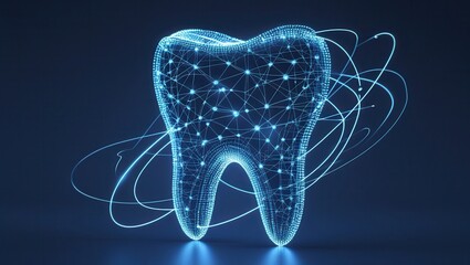 Digital representation of a tooth with glowing blue network connections on a dark background
