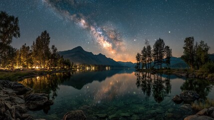 Wall Mural - The night sky showcases a vibrant Milky Way arching above a serene lake, framed by mountains and trees, creating a peaceful reflection on the water's surface.