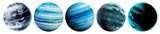 PNG Five digitally illustrated blue planets in a row element set on transparent background.