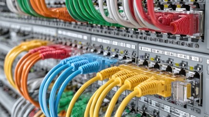 color-coded network cables are connected to a structured patch panel in a modern data center. the ar