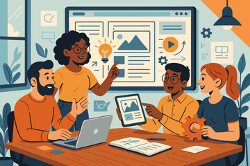 Creative diverse team collaborating on website development project in modern workspace. Brainstorming ideas, teamwork, user interface design, digital strategy. Flat vector illustration, office scene