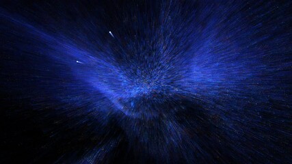 Wall Mural - abstract 3d render of a vibrant blue particle field exploding outwards in dark space. dynamic digita