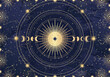 © Diana Kovach - Card of mystical Sun, Moon, crescent, star, sunburst, night sky. Constellation galaxy celestial space. Spiritual zodiac horoscope, astrology sign, astronomy symbol. Magic vector illustration on blue