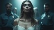 © svastix - A captivating image of a woman in a delicate dress, standing confidently amidst authority figures, conveying themes of strength and mystery in a tense and dramatic atmosphere.