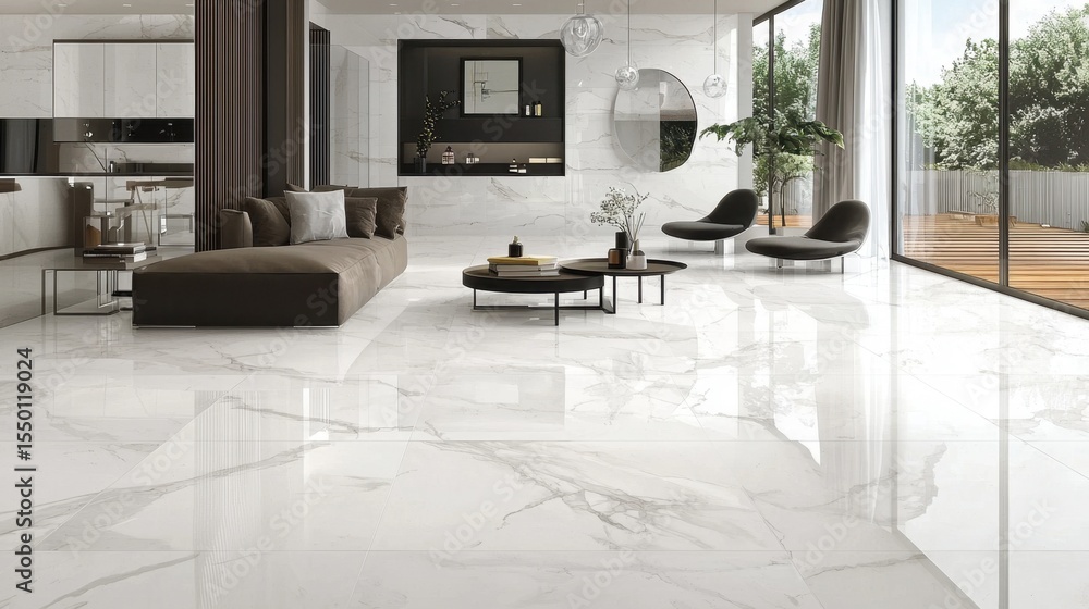 Modern living room featuring elegant marble flooring and large windows ...