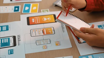 Wall Mural - panorama video of startup company employee planning on user interface prototype for mobile applicati