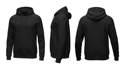 Black hoodie displayed from multiple angles against a neutral backdrop, showcasing its design and potential use for casual wear