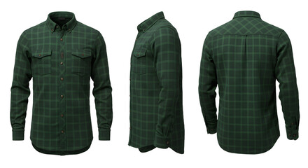 Stylish green plaid shirt displayed from multiple angles, showcasing its design and texture for fashion or retail use