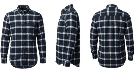 Stylish plaid shirt displayed from three angles, showcasing fabric details and design, ideal for fashion retail use