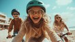 © svastix - Three joyful children laughing and biking along the beach in the sunlight, capturing the essence of childhood adventure, friendship, and carefree summer days.