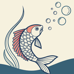 Wall Mural - Single fish with bubbles vector