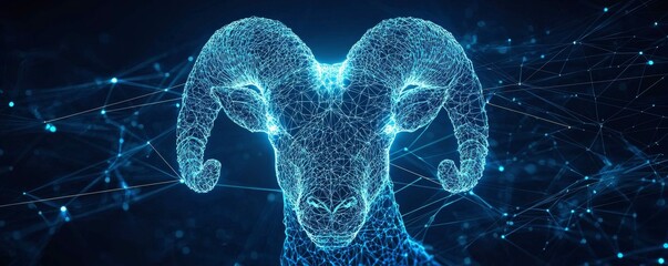 Wall Mural - futuristic wireframe aries symbol with glowing blue lights on dark background, representing innovati